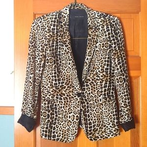 Zara Leopard Animal Print Blazer Size M 6 Knit One Button Black Brown Jacket